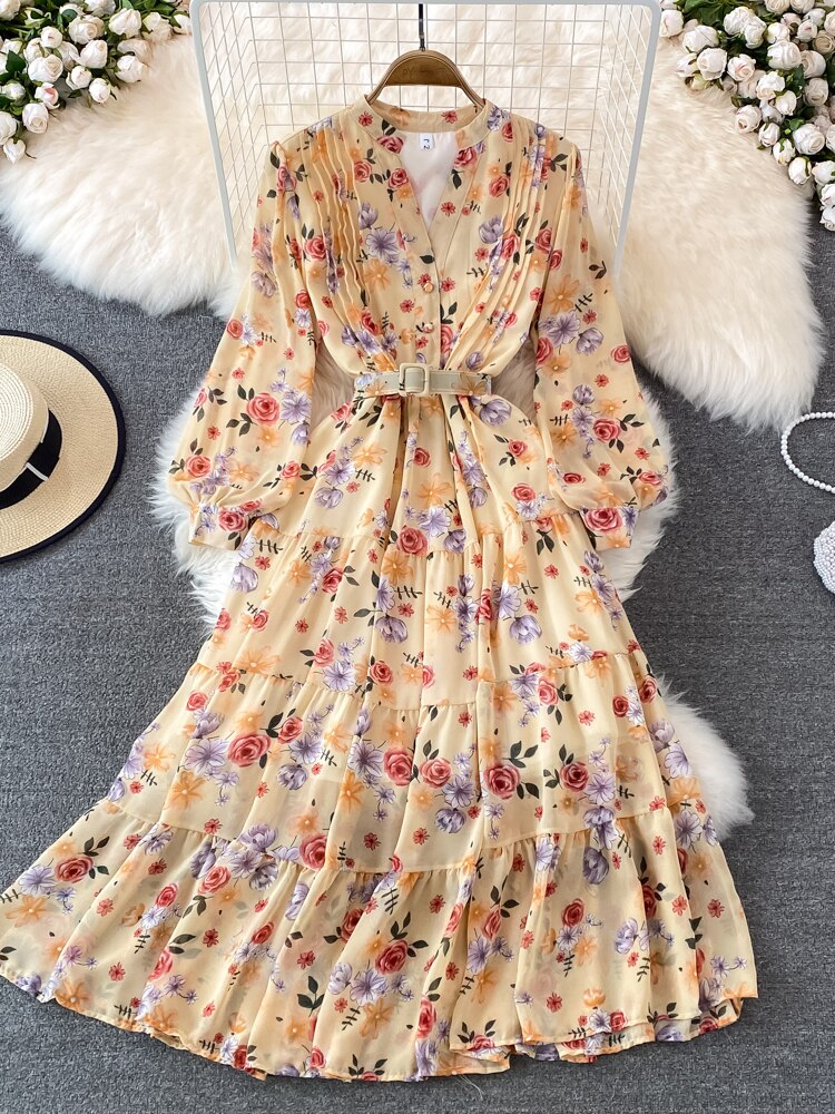 Maxct Floral Midi Dress Women Elegant V-Neck Lantern Long Sleeve High Waist Draped A-Line Casual Vestidos Female Spring Autumn
