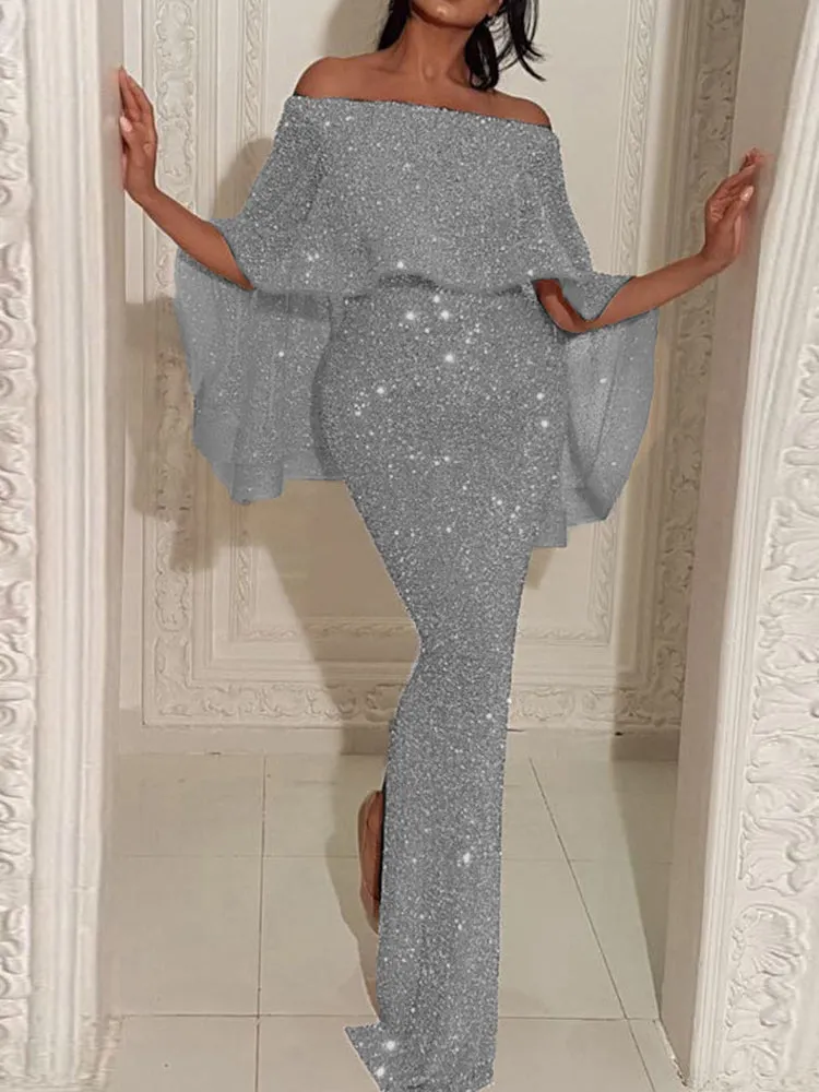 Off Shoulder Sequins Maxi Dress Maxct