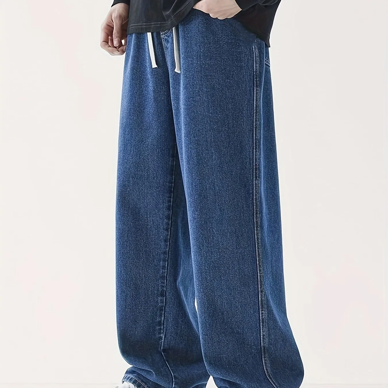 Maxct Wide Leg Cotton Jeans, Men's Casual Street Style Loose Fit Denim Pants For Spring Summer