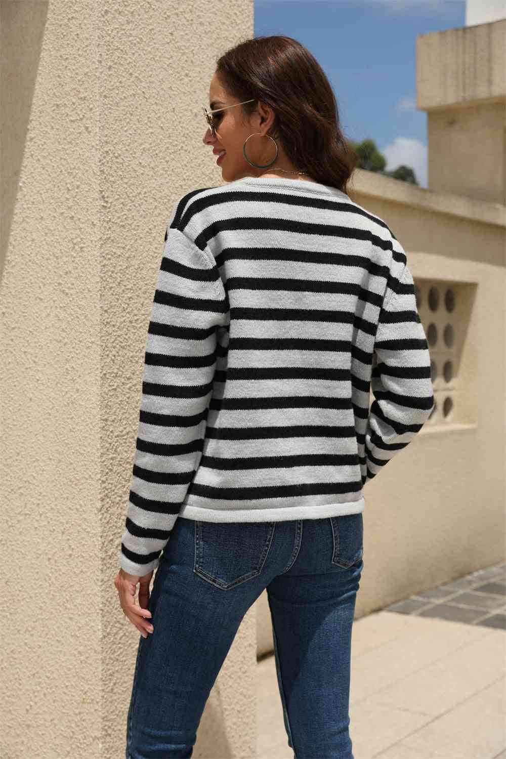 Maxct &Striped Round Neck Button-Down Dropped Shoulder Cardigan
