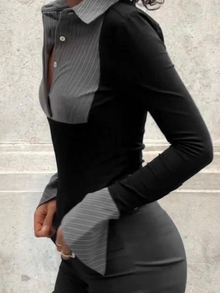 Maxct Stripe Splice Polo Neck Long Sleeve Blouse