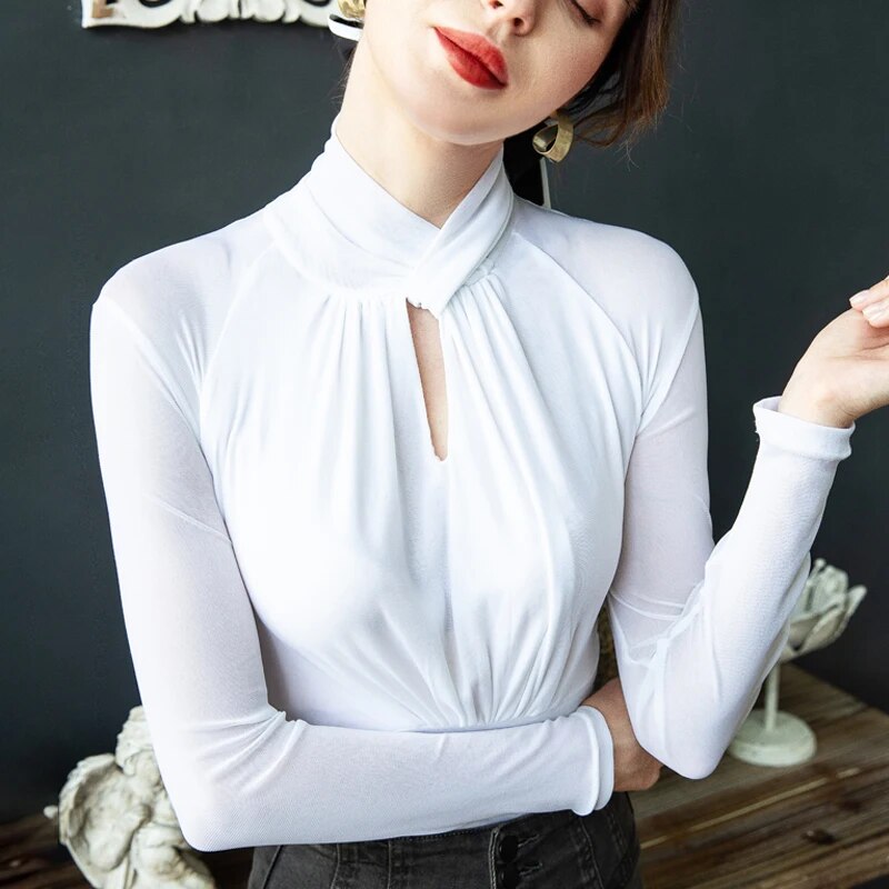 Maxct Mesh T Shirts Women Hollow Out Crossed Turtleneck Full Sleeve Tops Tees Lady Autumn High Stretchy Folds TShirt