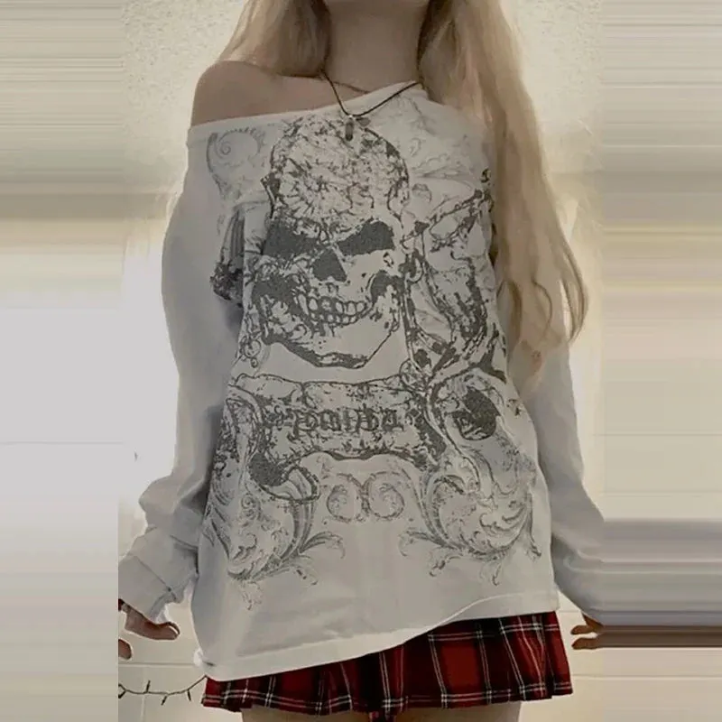Maxct Mall Goth 2000s Retro Pullovers Tops Vintage Graphics Y2K Loose T Shirt Chic Aesthetic Autumn Long Sleeve Tees Grunge Streetwear