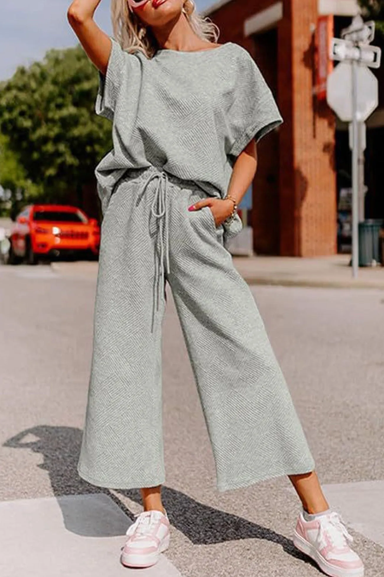 Maxct Solid Textured T-shirt Long Pants Set