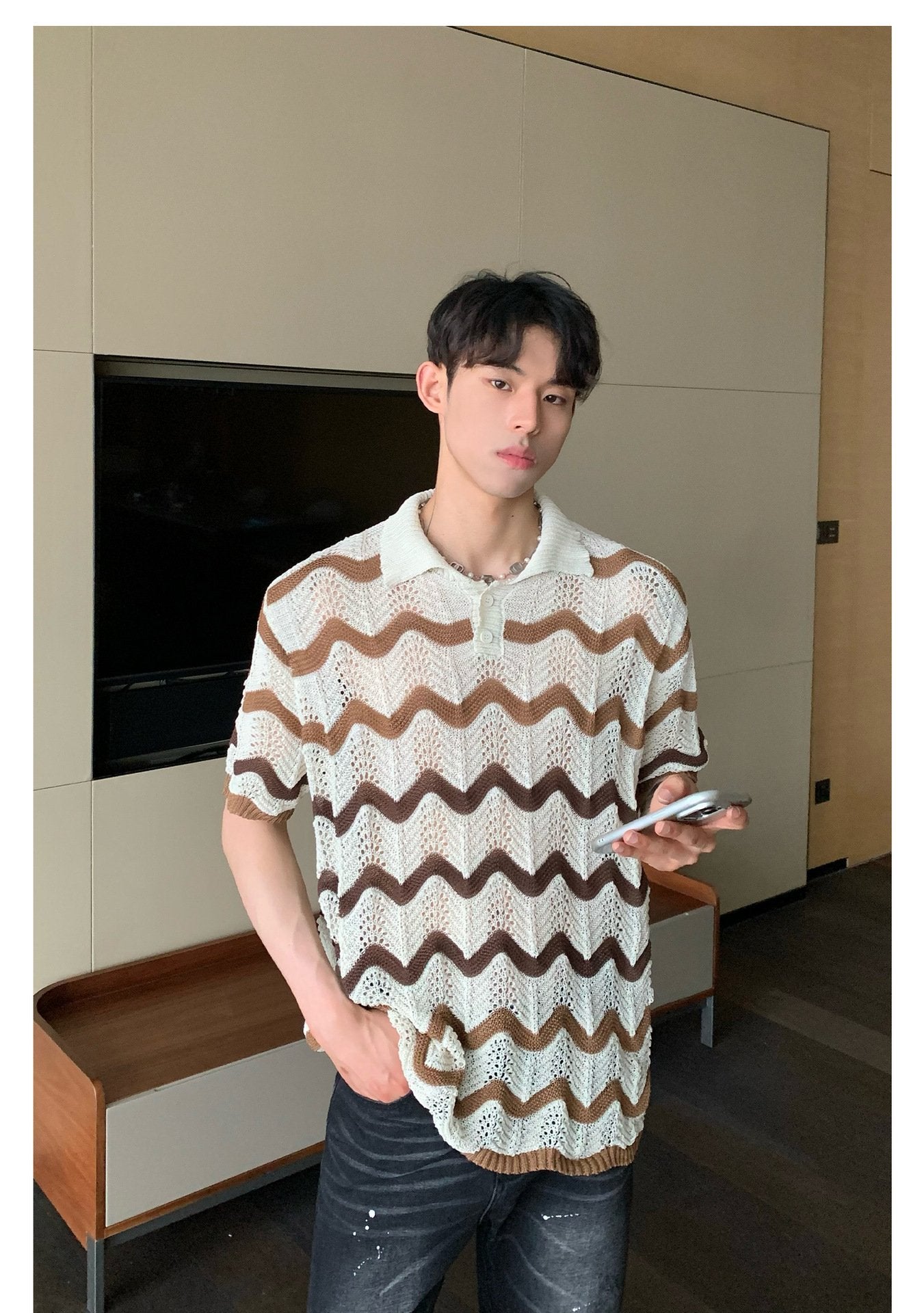 Maxct 90s Streetwear Korean Style Summer High-end Sense Hollow Color Stripe Lap Short-sleeved Niche Design POLO Shirt T-shirt Casual Top