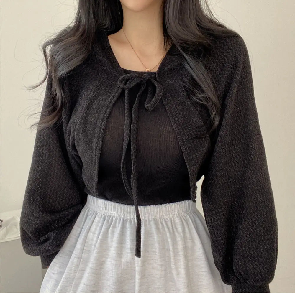 Maxct Thin White Cardigan Bandage Lantern Sleeve Short Coat Pull Femme Knitwear Top Girl Cardigan Korean Style Casual T Shirt