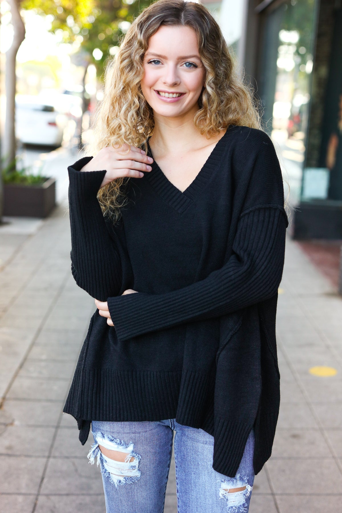 Maxct &Casual Chic Black Oversized V Neck Rib Knit Sweater