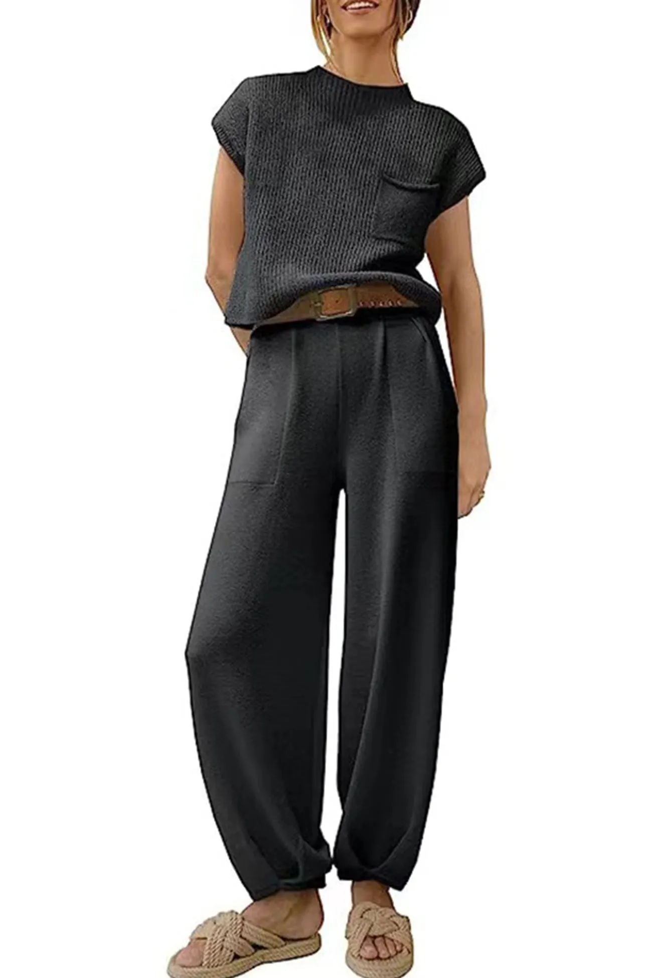 Maxct Ribbed Mock Neck T-shirt Pants Suits