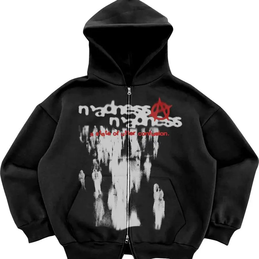 Maxct Gothic Retro High Street Hoodies Y2k Zip Up Hoodie Men and Women Clothes Hip Hop Punk Loose Sweatshirt Zipper Pullover Cardigan
