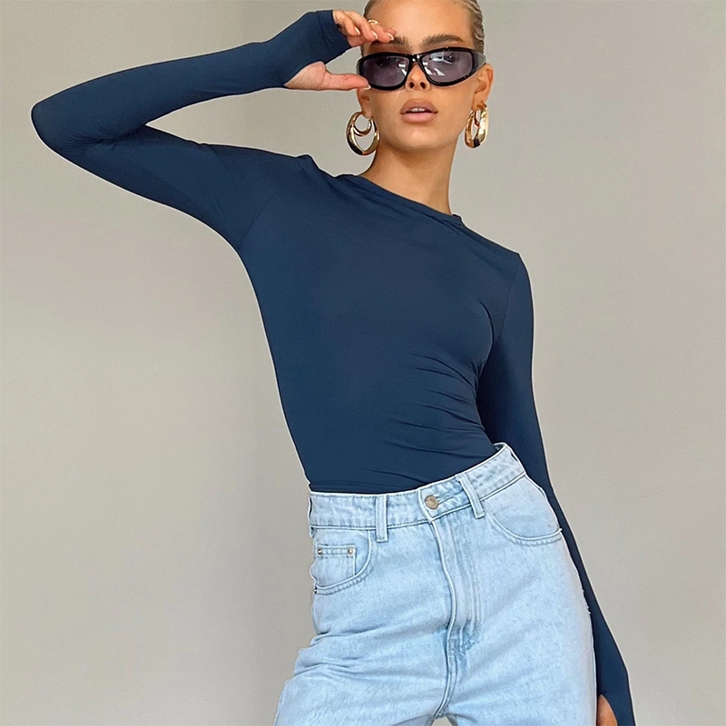 Female Korean Fashion Crop Tops Women Long Sleeve T-Shirts Solid Color O Neck Slim Fit Casual Basic Tees Going Out Outfits
