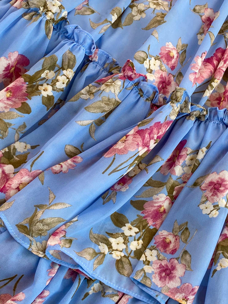Maxct Vintage Floral Chiffon Long Dress Elegant O-Neck Puff Sleeve High Waist A-Line Ruffle Hem Vacation Beach Maxi Vestidos