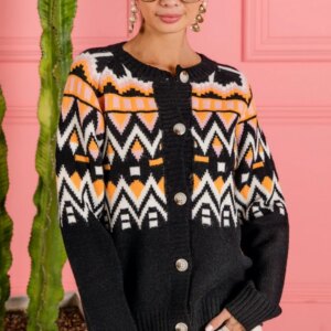 Maxct &BiBi Ethnic Pattern Button Up Knit Cardigan