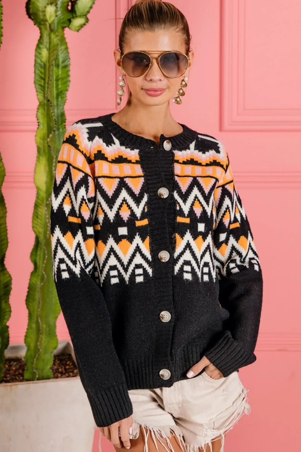 Maxct &BiBi Ethnic Pattern Button Up Knit Cardigan