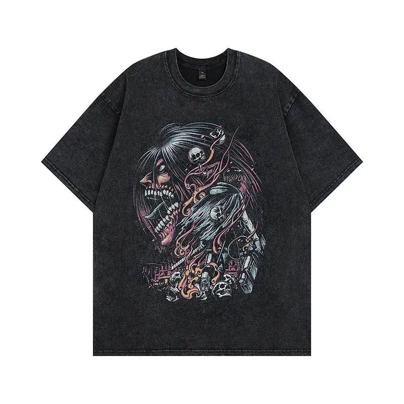 Maxct NWE Men's summer batik old short-sleeved tops retro high street dance skateboard loose casual personality printed shirt T-shirt