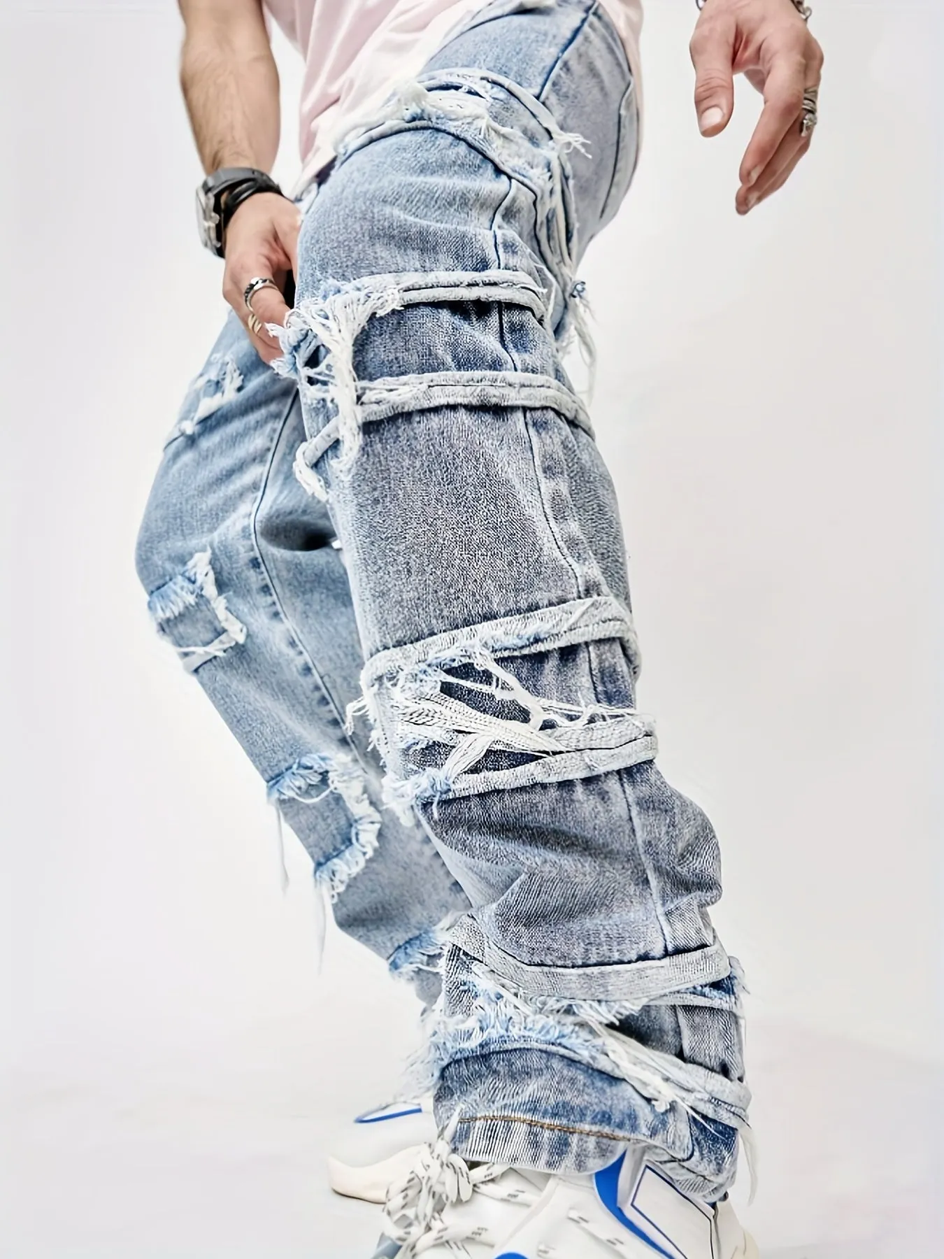 Maxct  Men Ripped Frayed Straight Leg Jeans