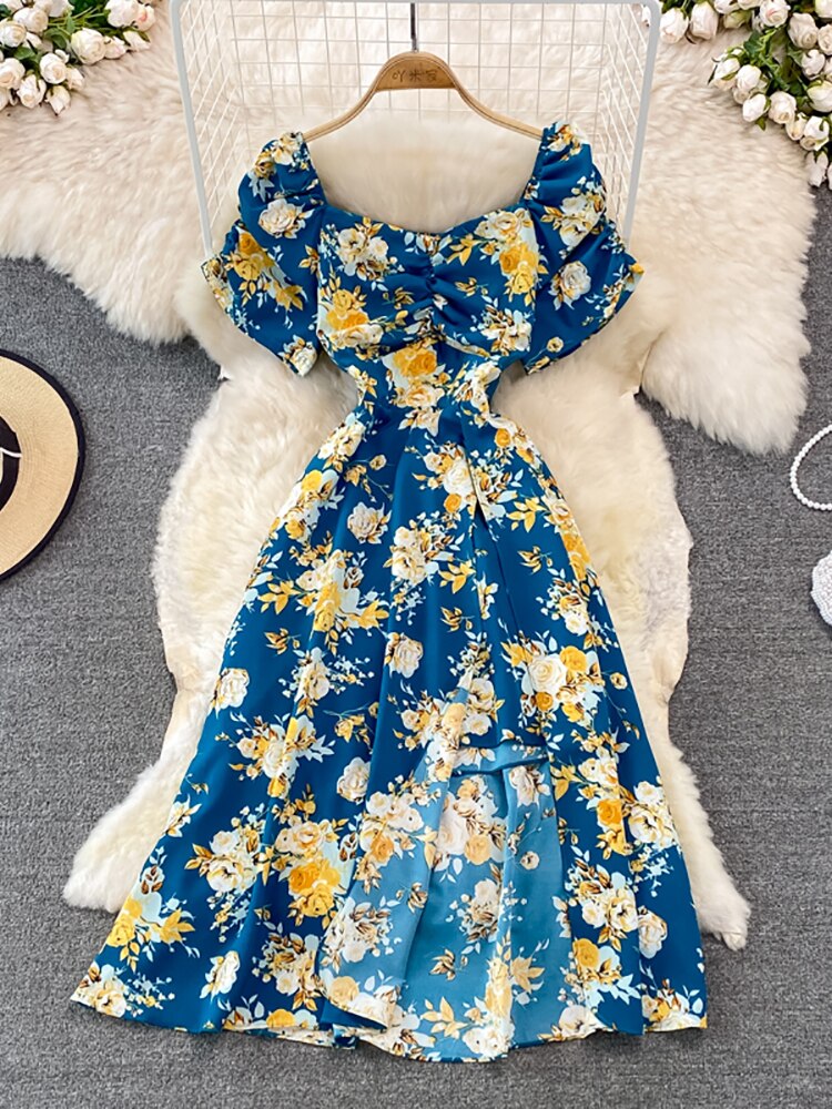 Vintage Women Printed Dresss Sexy Square Collar Short Puff Sleeve High Waist A-Line Vacation Beach Vestidos Female New