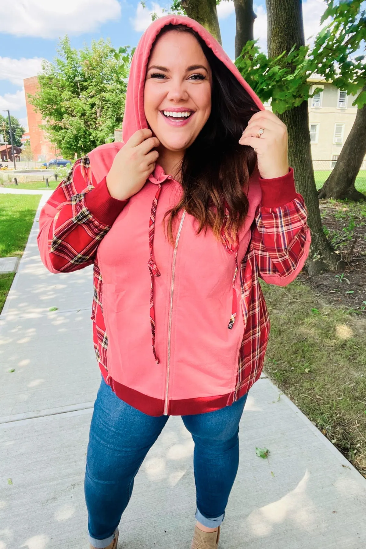 Maxct &Adorable in Marsala Plaid Color Block Zipper French Terry Hoodie