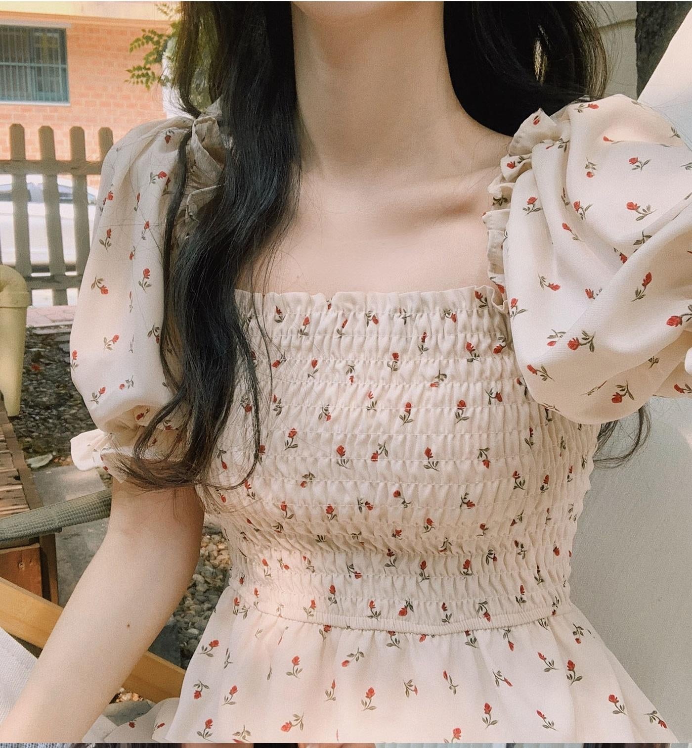 Square Collar Floral Chiffon Dress Maxct