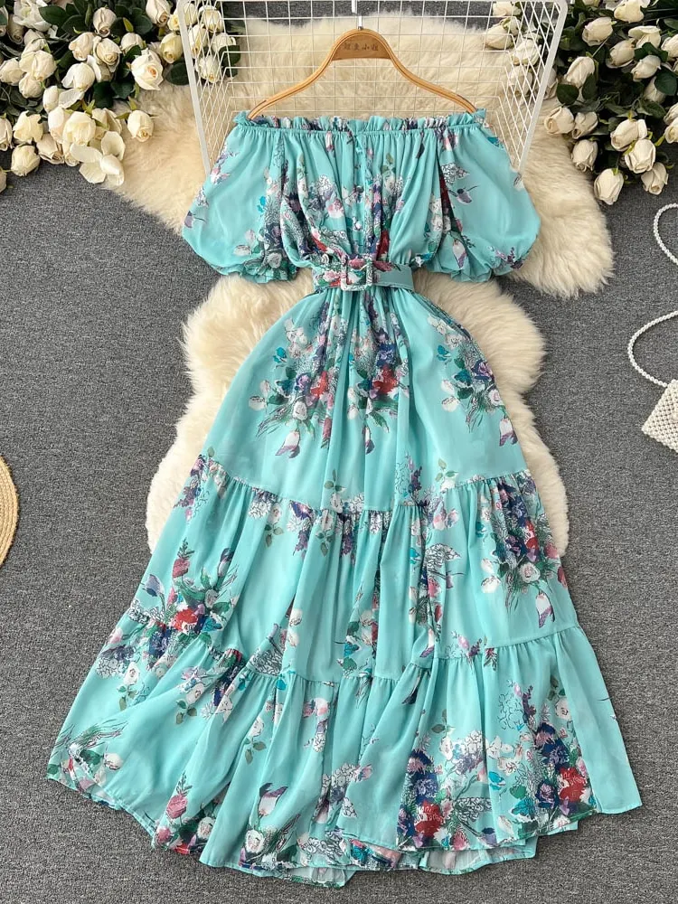 Maxct Bohemian Floral Chiffon Long Dress Women Sexy Off Shoulder Ruffle Puff Short Sleeve High Waist A-Line Big Swing Vestidos