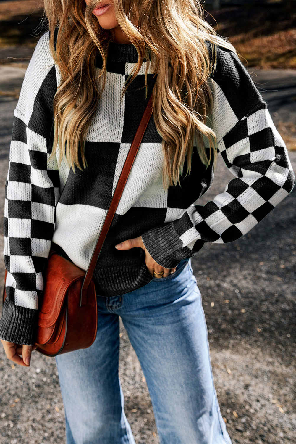 Maxct &Checkered Round Neck Drop Shoulder Sweater