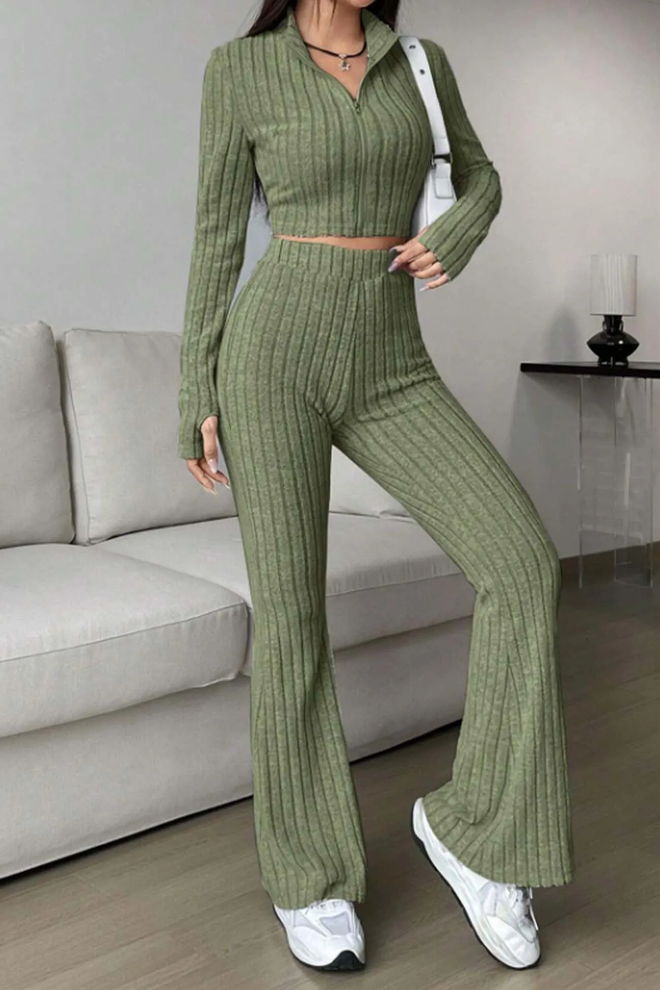 Maxct Zip Long Sleeve Ribbed Flared Pants Set