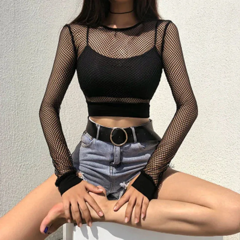 Maxct Harajuku Hollow Out See Through Crop Top Gothic Fishnet Mesh T-Shirts Grunge Mall Goth Women Summer Beach Cover-ups