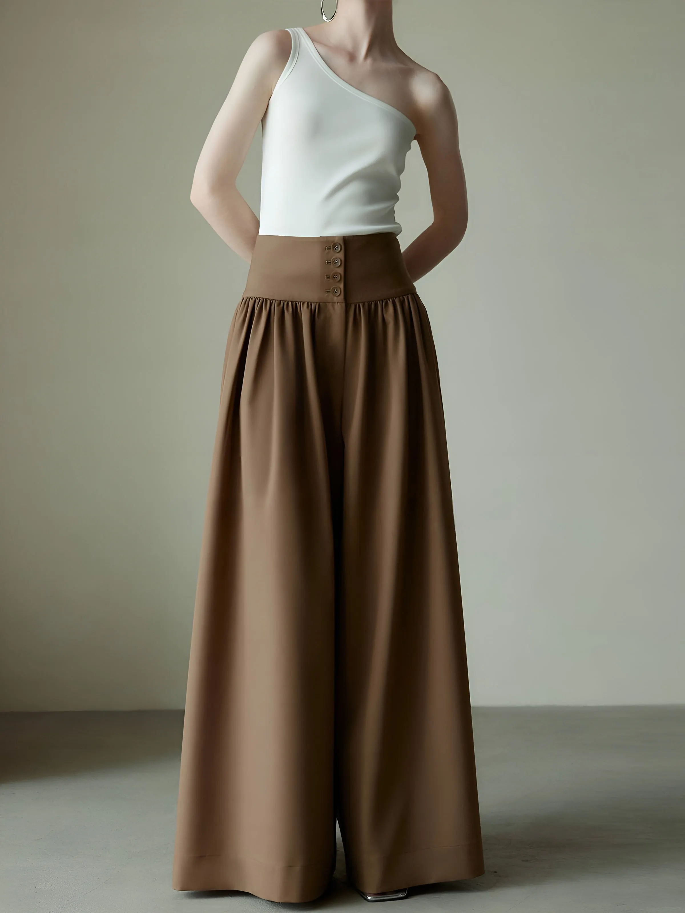 Maxct Pleated High-Waist Button Wide Leg Long Pants