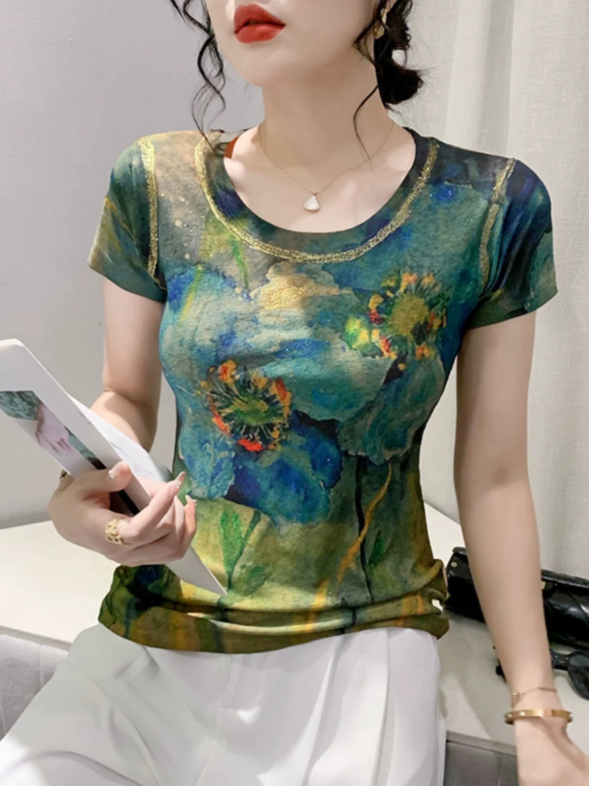 Maxct Summer Fashion Bronzing T-shirts Women's Printed Floral High Stretchy Tops Tees Lady Slim T Shirt
