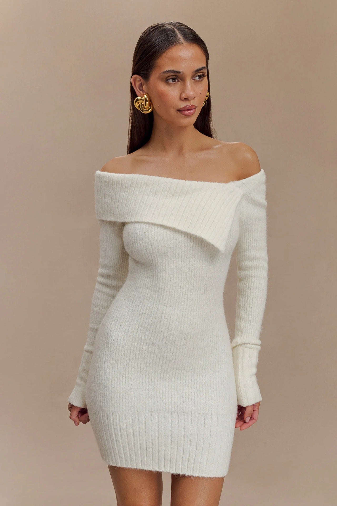 White Collar Long Sleeve Sweater Mini Dress Maxct