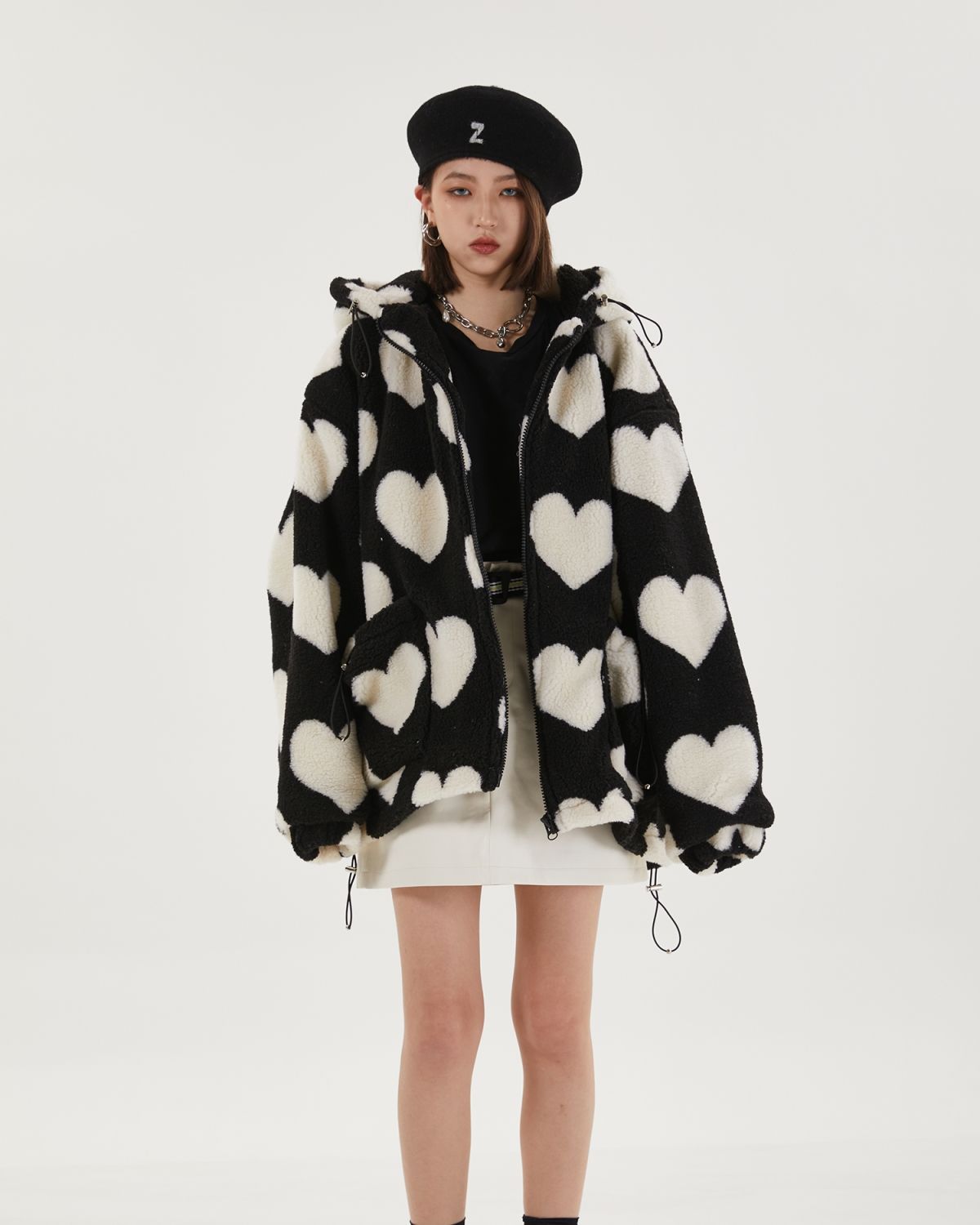 Student Hooded Cotton Women's Hearts Print Fur Jacket - true deals club