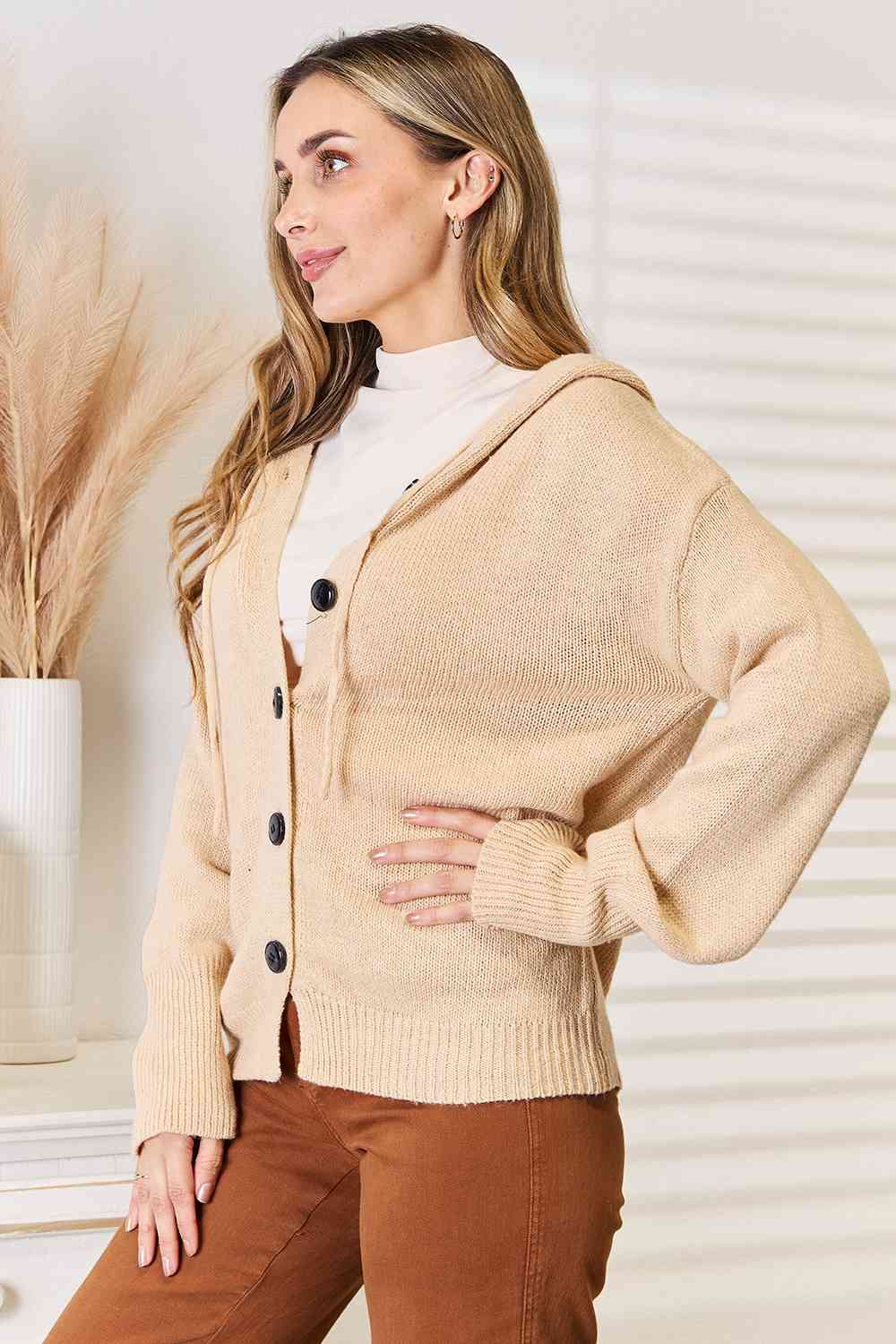 Maxct &Woven Right Button-Down Long Sleeve Hooded Sweater
