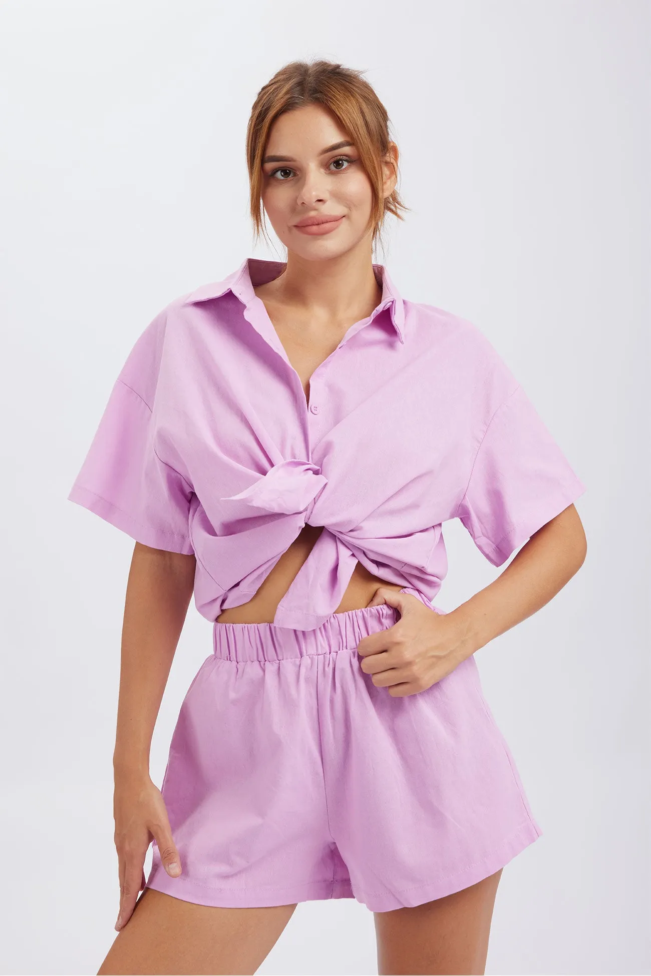 Maxct Solid Button Through Drop Shoulder Shirt Shorts Set
