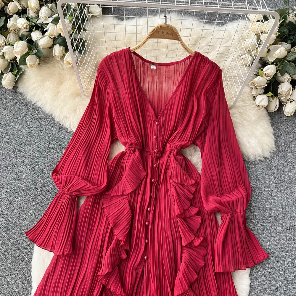 Chiffon Pleated Long Dress Women Vintage V-Neck Flare Sleeve Draped Ruffle Vestido Female Maxi Robe Spring Fall 1215-1