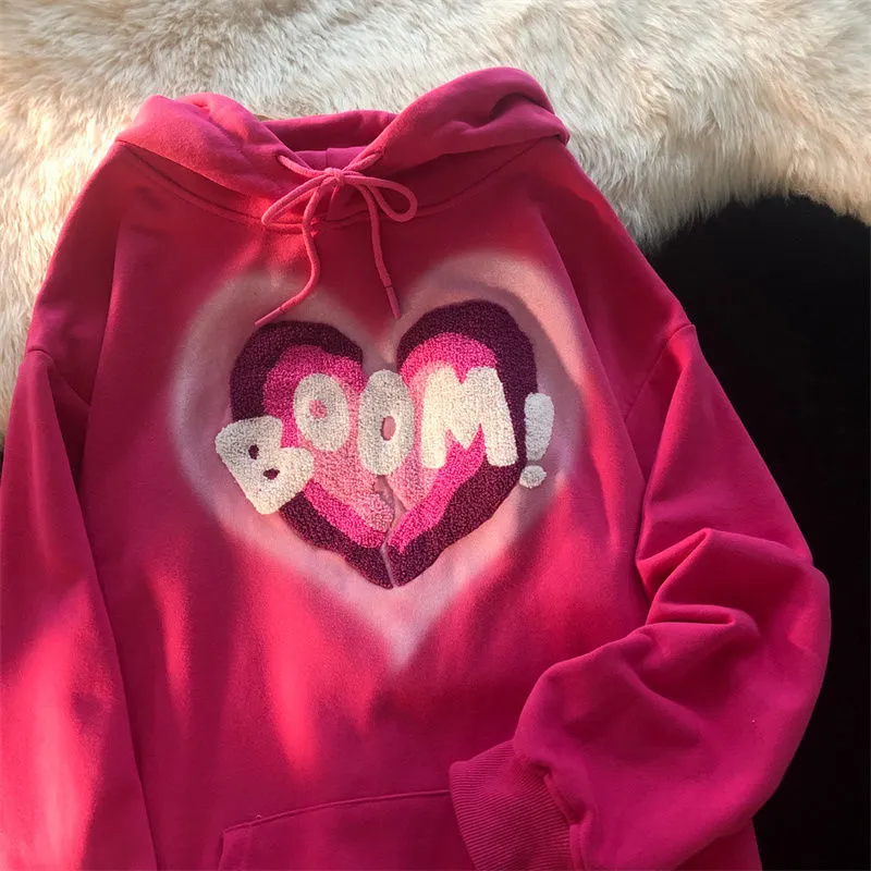 Maxct Love hooded sweater Y2K autumn new Korean version of loose long-sleeved shirt female student flocking love letter jacket trend