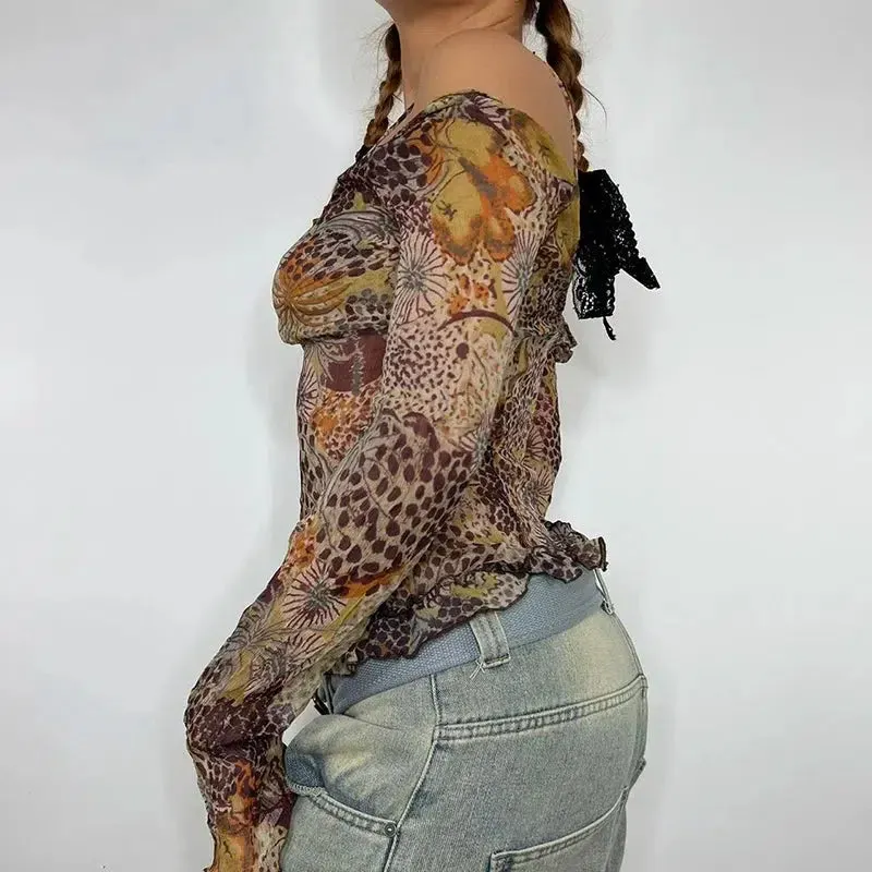 Maxct &Fairycore Floral Mesh Top