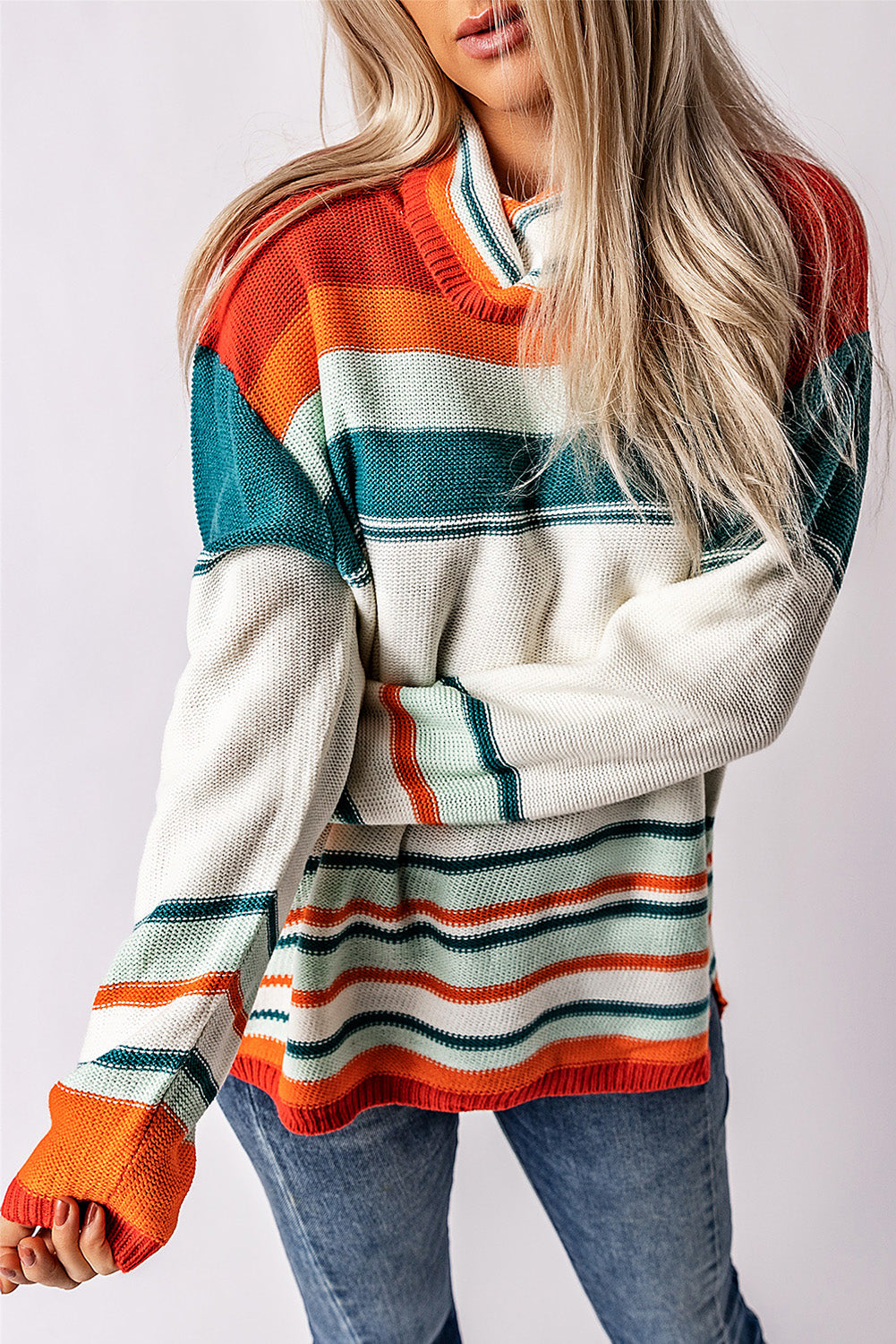 Maxct &Contrast Striped Turtleneck Dropped Shoulder Sweater