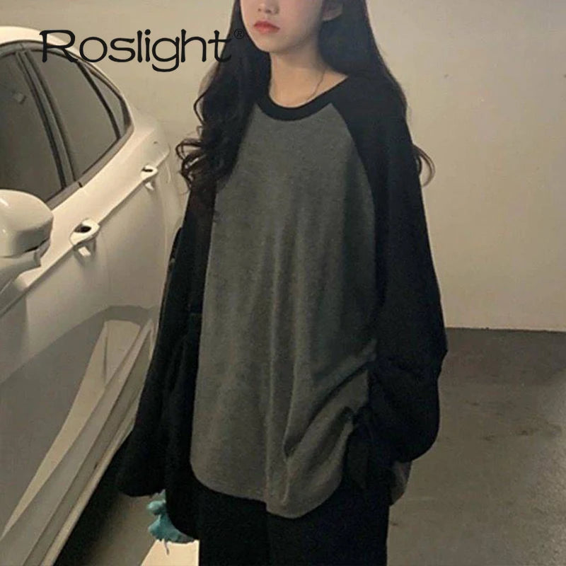 Maxct Oversized T-shirt Round Collar Contrast Color Long Sleeve Tops Women Spring Patchwork Kawaii T Shirts Unisex Streetwear
