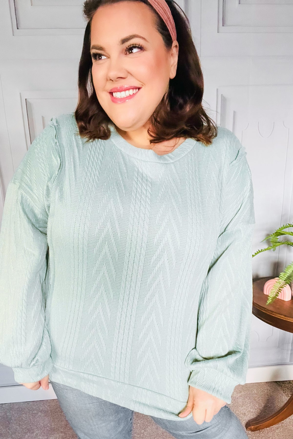 Maxct &Back to Basics Sage Jacquard Cable Pullover Top