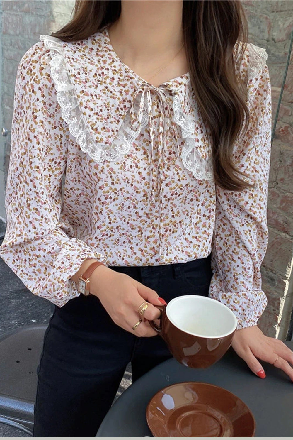 Floral Pattern Peter Pan Collar Long Sleeve Blouse Shirt Maxct