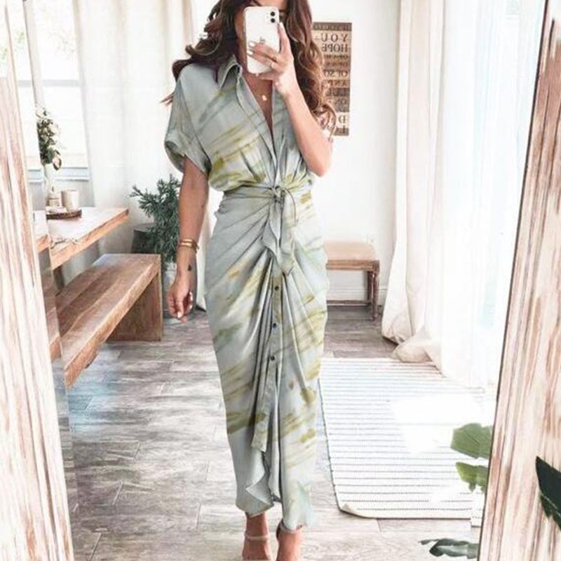 Maxct Short Sleeve Spring Dresses Fashion Summer Turn-down Collar Women Party Dress Elegant Button Office Lady Shirt Dress
