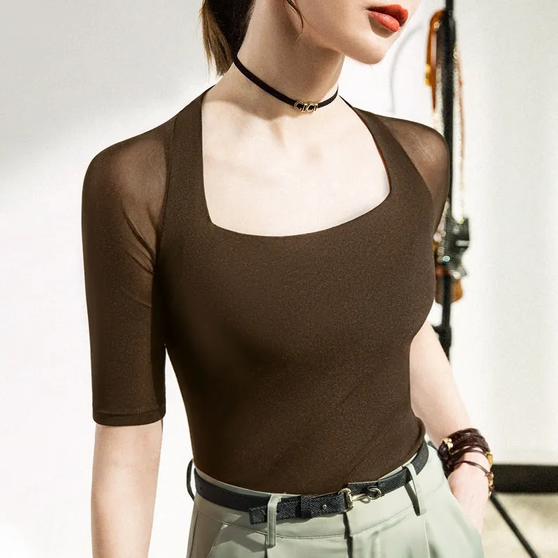 Maxct Summer Vintage Short Sleeve Tee Square Collar T-shirt Girls Solid Stretchy Black Mesh TShirts Tops For Women