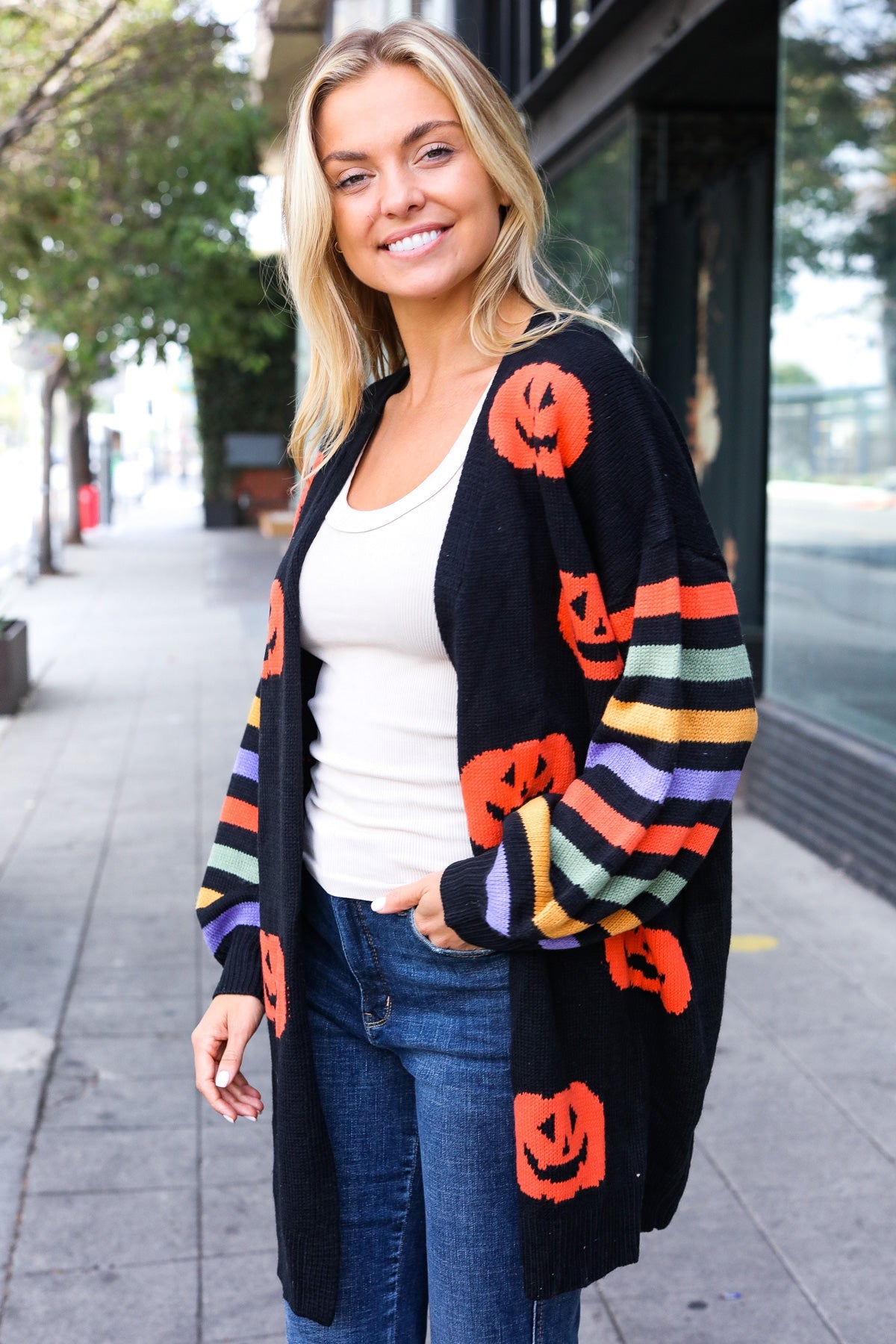 Maxct &Pumpkin Multicolor Stripe Jacquard Knit Open Cardigan
