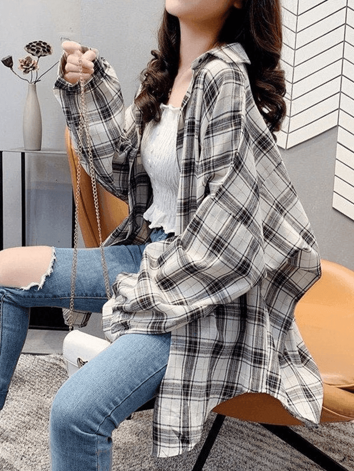 Maxct Checkered Baggy Long Sleeve Button Blouse