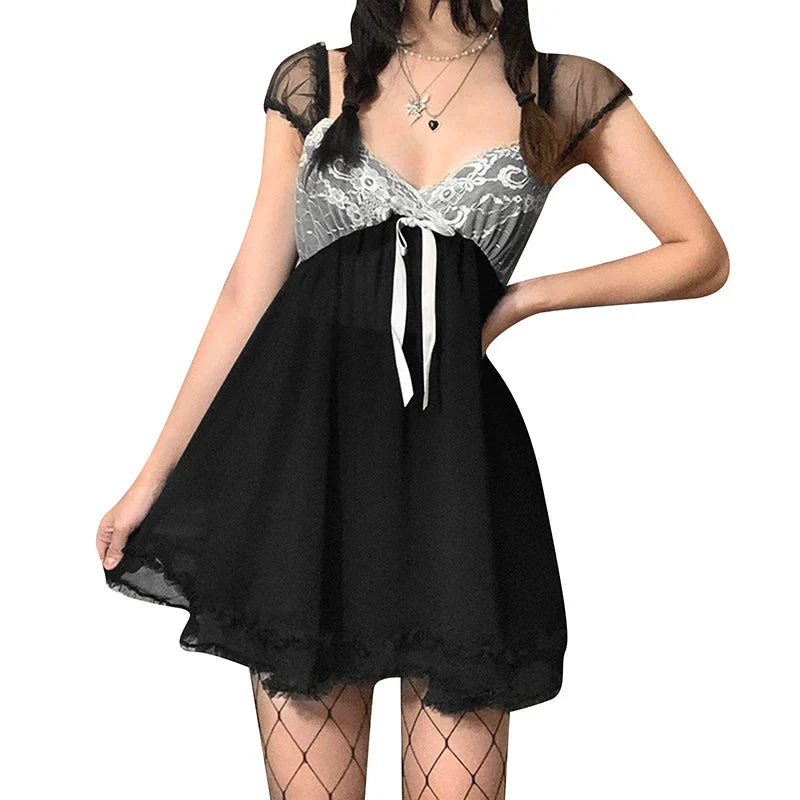 Kawaii Lace Patchwork Dress y2k V Neck Sleeveless A-line Mini Dresses with Bow 2000s Fairycore Grunge Dresses Maxct