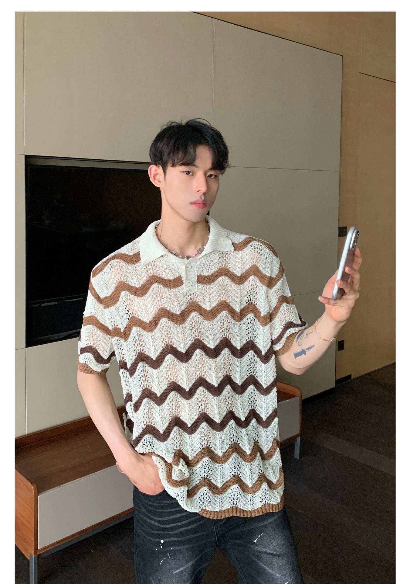 Maxct 90s Streetwear Korean Style Summer High-end Sense Hollow Color Stripe Lap Short-sleeved Niche Design POLO Shirt T-shirt Casual Top