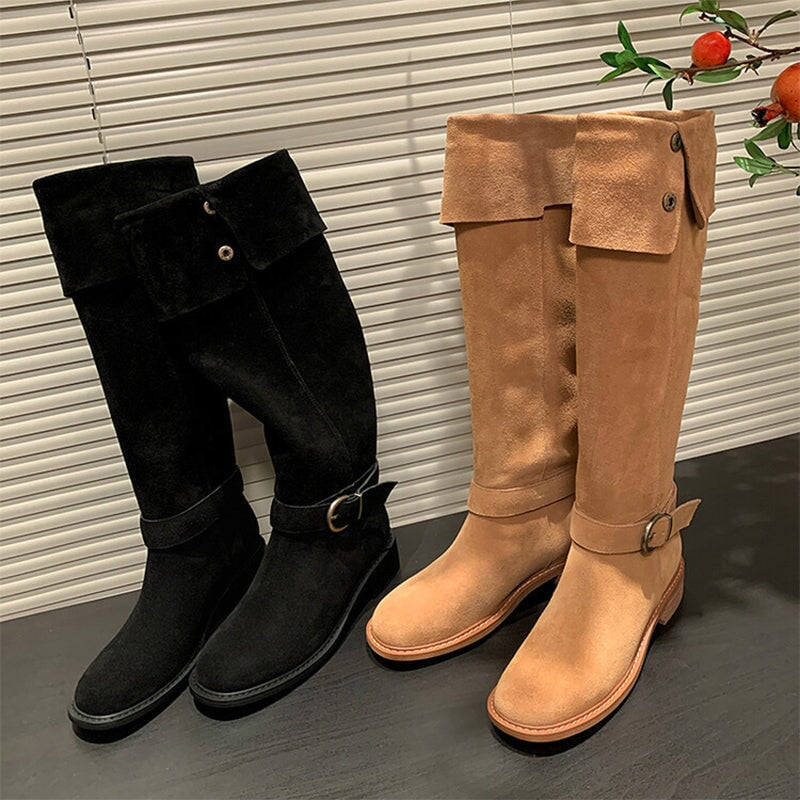 Womens Suede Knee High Boots 75mm Block Heel Maxct