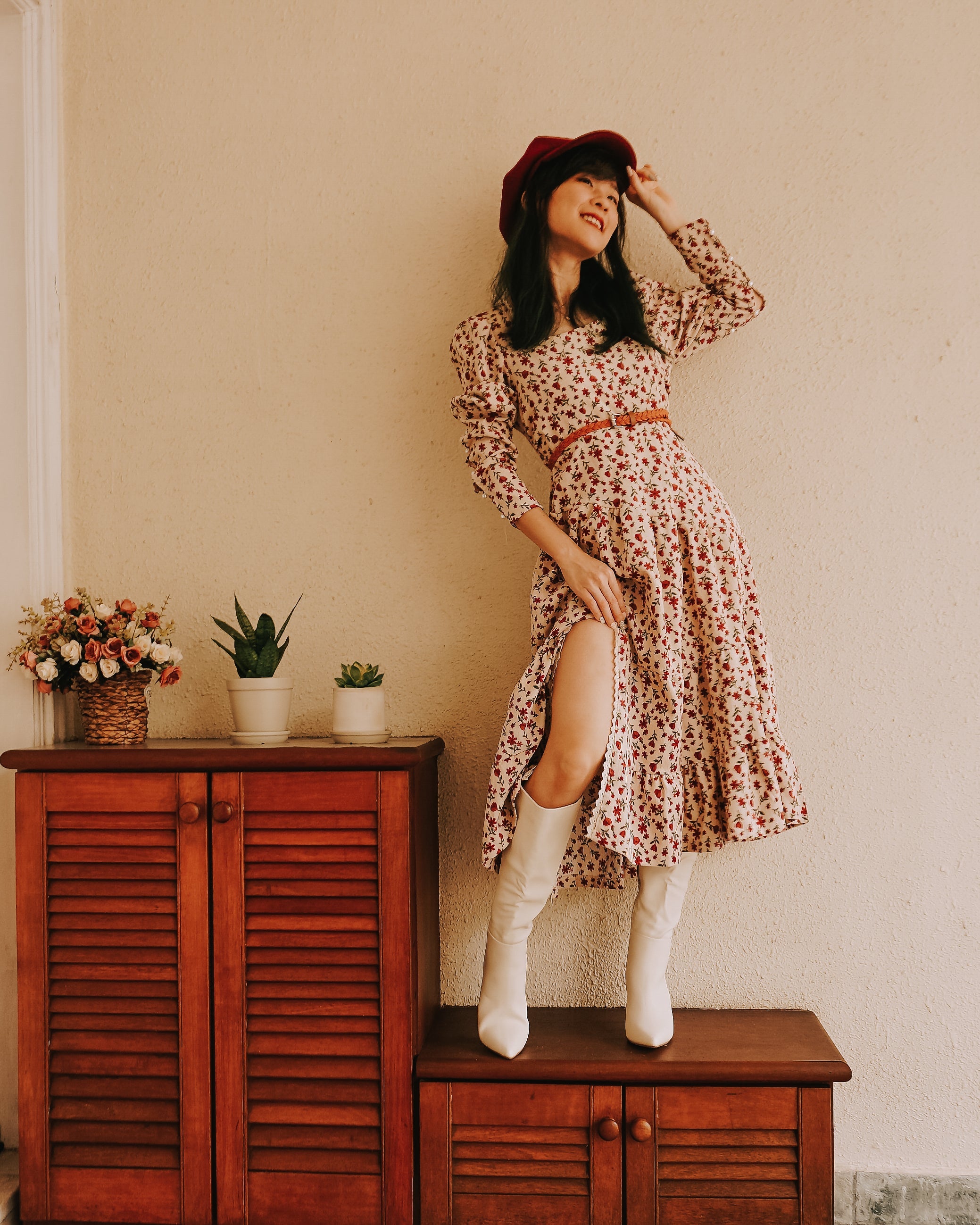 Sweet Floral Corduroy Midi Dress Maxct