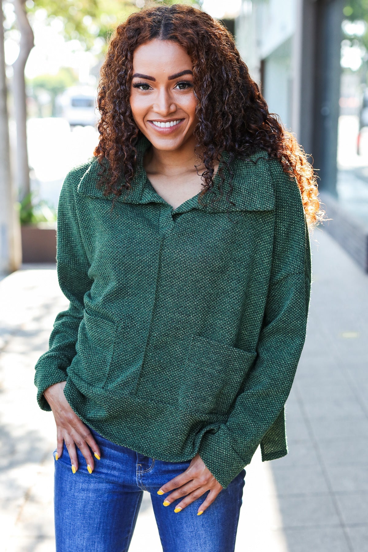 Maxct &Easy Living Olive Textured Knit Notch Neck Oversized Collar Sweater