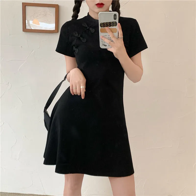 Maxct Short Sleeve Dress Women O-neck Slender Vintage Chinese Style Qipao Students Kawaii 4XL Sweet Mini Dresses Leisure Sexy
