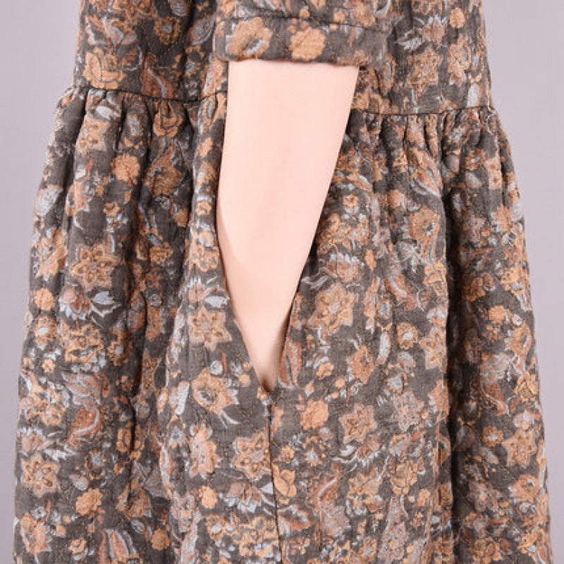 Winter Linen Shirt Collar Long Sleeves Floral Printed Cotton-In Dress